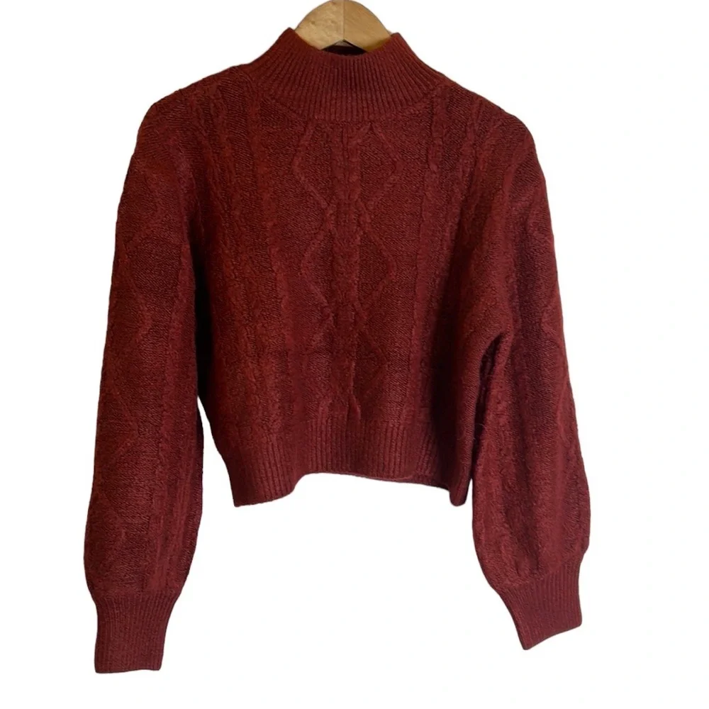 Vigoss Burgundy Mock Neck Cable Knit Cropped Sweater - Picture 2 of 9